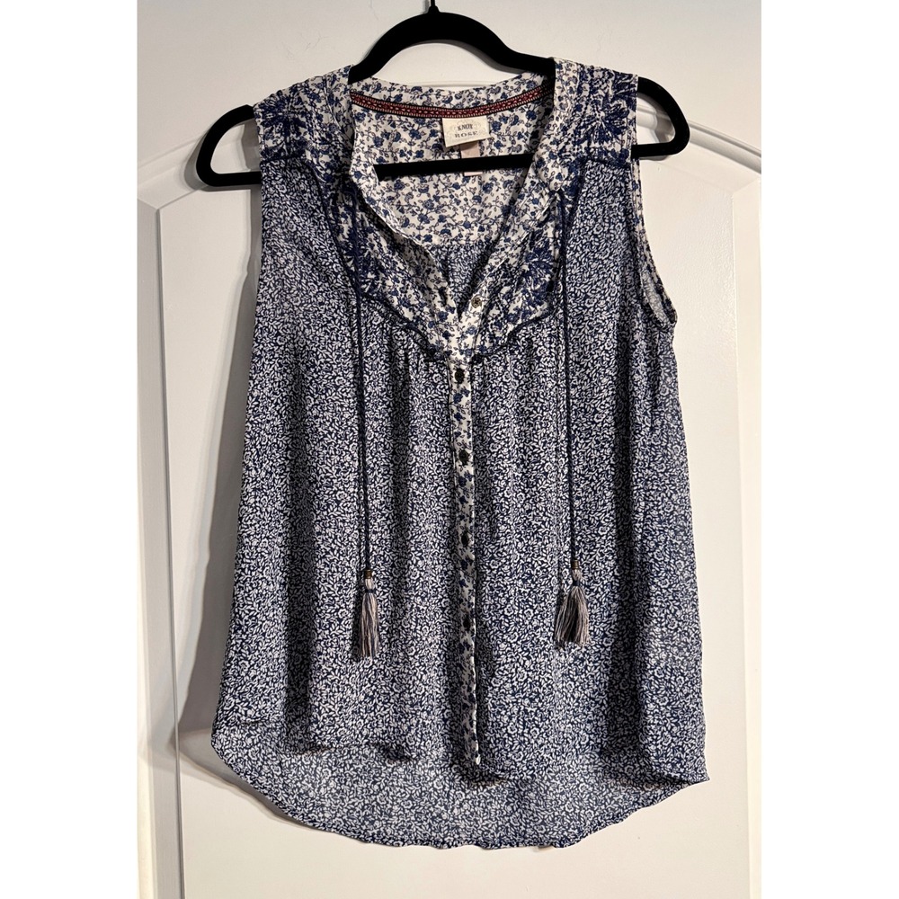Knox Rose Blouse Women XS Blue Floral Sleeveless Tassel Embroidered